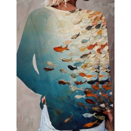 Women'S Long Sleeve Fish Print T-Shirt - Vibrant Ocean Scene with Fish, Coral & Sky Design, Breathable Round Neck Tee for Spring/Fall Casual Wear, Spring Fashion Tee | Vibrant Print Top | Comfortable Fit