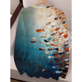 Women'S Long Sleeve Fish Print T-Shirt - Vibrant Ocean Scene with Fish, Coral & Sky Design, Breathable Round Neck Tee for Spring/Fall Casual Wear, Spring Fashion Tee | Vibrant Print Top | Comfortable Fit