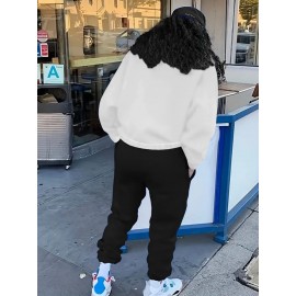 Women'S Casual Letter Print Sweatshirt and Jogger Set - White Crew Neck Pullover with Black Bow Design, Cozy Fall/Winter Outfit, Ladies Sweaters