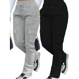 2pcs Women'S Casual Jogger Pants with Pockets - Soft Fleece-Lined, Elastic Waistband, Drawstring, Loose Fit, Solid Color (Black & Gray), Perfect for All Seasons, Comfortable Clothing | Relaxed Fit Pants | Soft Fleece Lining, Jogging Pants