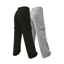 2pcs Women'S Casual Jogger Pants with Pockets - Soft Fleece-Lined, Elastic Waistband, Drawstring, Loose Fit, Solid Color (Black & Gray), Perfect for All Seasons, Comfortable Clothing | Relaxed Fit Pants | Soft Fleece Lining, Jogging Pants