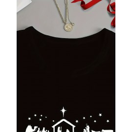 Women's Long Sleeve T-Shirt - Black Round Neck Casual Polyester Top with Geometric Applique Design, Machine Washable Holiday Apparel for Autumn Winter, Festive Clothing, Festive Design, Detailed Embroidery