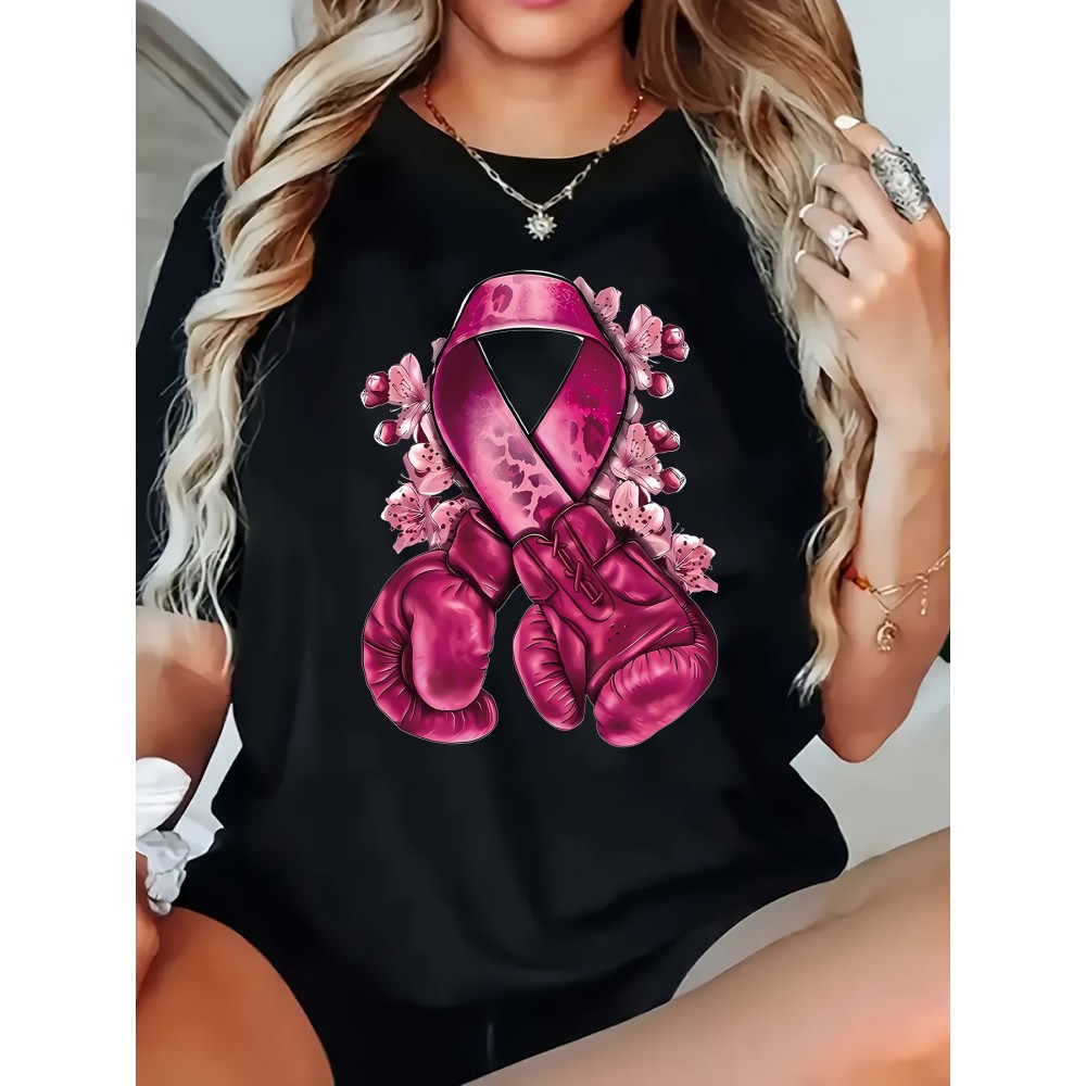 Plus Size, Women's Breast Cancer Awareness T-Shirt - Non-Transparent Black Top with Pink Boxing Gloves, Charity Event Apparel for, Survivor Gifts - Machine Washable Summer Shirt, Wear, Geometric Print, Comfortable Fabric, Casual Wear, Gift Shoppers