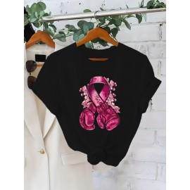 Plus Size, Women's Breast Cancer Awareness T-Shirt - Non-Transparent Black Top with Pink Boxing Gloves, Charity Event Apparel for, Survivor Gifts - Machine Washable Summer Shirt, Wear, Geometric Print, Comfortable Fabric, Casual Wear, Gift Shoppers