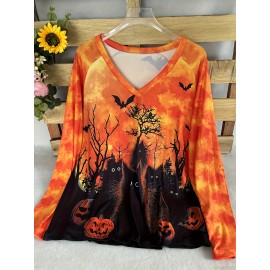 [Plus Size Halloween T-Shirt] Plus Size Halloween T-Shirt - Stretchy V-Neck Top with Pumpkin, Black Cat, Bat & Haunted House Graphic - Non-See-Through Fabric for Fall/Winter - Casual Halloween Party Shirt, Festive Attire, Holiday Apparel, Comfortable Fit