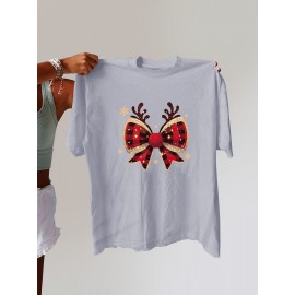 1pc Women'S Plus Size Christmas T-Shirt - Casual Crew Neck Polyester Top with Slight Stretch, Festive Reindeer Bow Print, Knit Fabric Short Sleeve Tee for Summer
