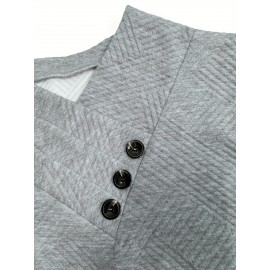 Plus Size, Autumn and Winter New Large Size Women's Button-Decorated Pullover Solid Color Casual Comfortable Long Sleeve Textured Design Sweatshirt