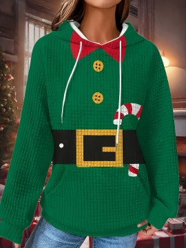 Plus Size - Women'S Festive Christmas Hoodie - Cozy Long Sleeve Pullover with Santa & Candy Cane Design, Green, Casual Holiday Sweatshirt for Cold Weather, Christmas Clothes