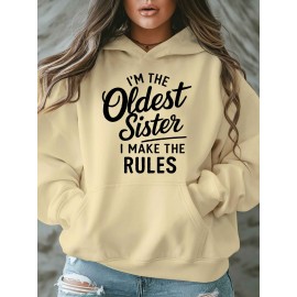 Women'S Plus Size Casual Hoodie with Pockets, Oversized Alphabet Print Long-Sleeve Pullover, 100% Polyester Knit Fabric, Slight Stretch, Fall/Winter Fashion Top