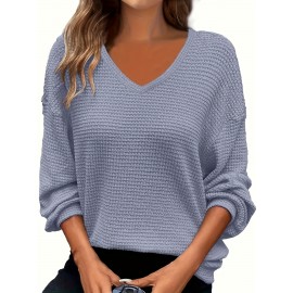 Plus Size - Plus Size V-Neck Pullover Sweatshirt - Soft Stretchy Casual Elegant Long Sleeve Top, Solid Color Spring/Fall Layering Essential for Women & Men, Comfortable Casual Attire, Relaxed Fit, Medium Elasticity