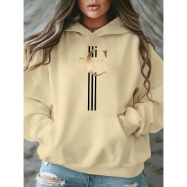 Calvin s Plus Size Oversized Hooded Sweatshirt - Light Grey with Black Letter 'C' & Golden Stripes Print, Cozy Fleece Pullover with Pockets, Women's Autumn Winter Casual Clothing, Autumn Winter Apparel, Comfortable Sweatshirt