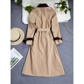 Elegant Beige & Black Color Block Trench Coat with Lapel Collar - Long Sleeve, Mid-Length, Button-Up Outerwear for Women, Perfect for Fall 2025, Stylish Commuter Wear | Chic Lapel Collar | Structured Design