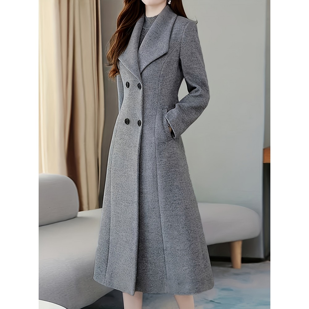 Double Breasted Lapel Longline Jacket, Elegant Long Sleeve Pockets Simple Slim Overcoat For Fall & Winter, Women's Clothing