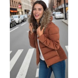 Women's Lightweight Quilted Hooded Jacket with Detachable Faux Fur Hood, Golden Metal Zipper & Side Gathers - Machine Washable Regular Fit Coat for Fall & Winter, Casual Outerwear
