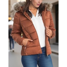 Women's Lightweight Quilted Hooded Jacket with Detachable Faux Fur Hood, Golden Metal Zipper & Side Gathers - Machine Washable Regular Fit Coat for Fall & Winter, Casual Outerwear