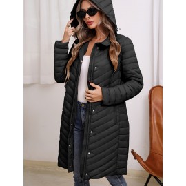 Women'S Lightweight Long Winter Coat - Warm Padded Zipper Front, Elegant Solid Color, Regular Fit Long Sleeve Coat for Daily Casual Comfort & Formal Occasions, Winter Coats, Seasonal Fashion, Sophisticated Style, Cozy Fabric