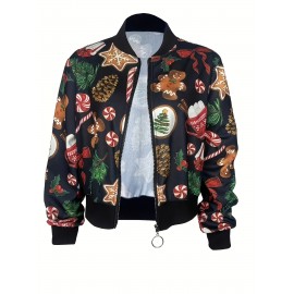 [Christmas Women's Jacket] Christmas Women's Polyester Zip-Up Jacket | Long Sleeve Round Neck Casual Coat, Festive Holiday Motifs, Relaxed Fit, Nonstretch Fabric, Durable Material, Hand Wash Only