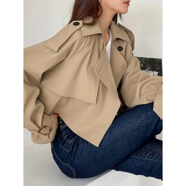 [Elegant Beige Trench Coat] Chic Elegant Beige Trench Coat for Women | Long Sleeve Button-Up Jacket with Pockets, Stylish Outerwear for Spring & Fall, Casual or Office Wear