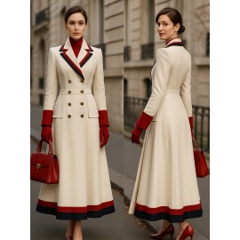 New High-End Fashion Versatile Stylish Goddess and Mature Tweed Coat with Color Blocking, French Style Metal Double-Breasted Long Overcoat, Casual Commuter Women's Outerwear
