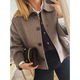 Women'S Vintage Loose Fit Jacket - Brown Coat with Single-Breasted Front, Structured Shoulders for Fall/Spring Transitional Weather - Everyday & Formal Outfits - HW915, Casual Outerwear, Classic Collar, Tailored Design, Stylish Outerwear, Office Wear