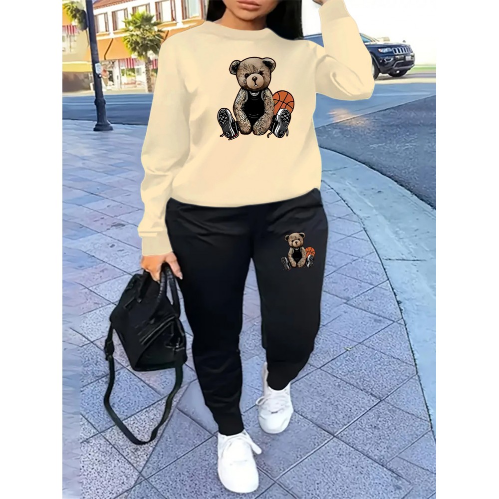 Women'S Casual Sports Fashion Bear Basketball Pattern Crew Neck Sweatshirt Set with Knit Fabric, 100% Polyester Material, Fall/Winter Season, Slight Stretch Fabric, Solid Color Pants - Athletic Loungewear Outfits