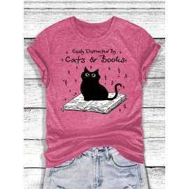 [Playful Cat T-Shirt] Lightweight & Stretchy Charming Black Cat & Book Illustration T-Shirt | Casual Crew Neck, Short Sleeve, Perfect for Spring & Summer, S-XXL, Cat Lover Gift