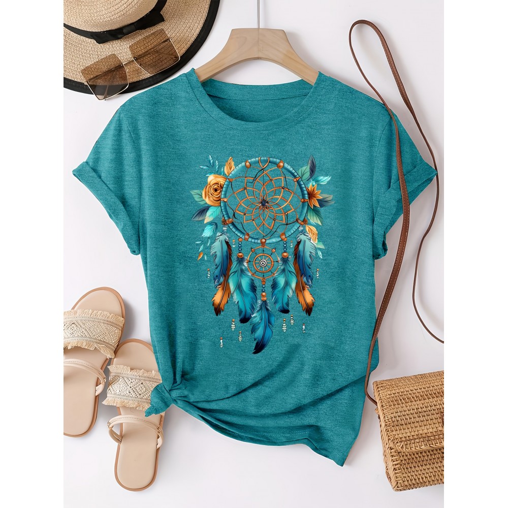 [Dreamcatcher T-Shirt] Bohemian Dreamcatcher Women's T-Shirt | Casual Loose Fit Round Neck Short Sleeve Top, Breathable Machine-Washable Fabric for Summer Vacation & Casual Attire, Multi-Color Options S-XXL