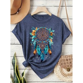 [Dreamcatcher T-Shirt] Bohemian Dreamcatcher Women's T-Shirt | Casual Loose Fit Round Neck Short Sleeve Top, Breathable Machine-Washable Fabric for Summer Vacation & Casual Attire, Multi-Color Options S-XXL