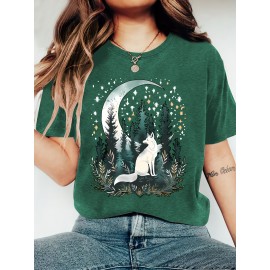 [Bohemian | Soft Stretch] Women's Bohemian T-Shirt | Soft Stretch Round Neck Short Sleeve Top | Fox & Pine Forest Graphic, All-Season Casual, Machine Washable, Multi-Color S-XXL
