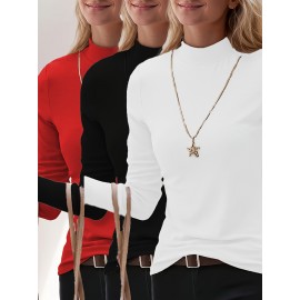 Plus Size - Plus Size - Women'S Plus Size Casual High Neck Long Sleeve Top Set - 3pcs, Solid Color, Medium Stretch, Vacation Style, Fall/Winter Collection, Casual Attire|Vacation Style|Stretchy Fabric