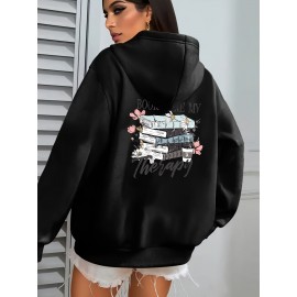 Plus Size, Women's Winter Elegant Geometric Print Hooded Sweatshirt - Cozy Pullover Hoodie with Book & Floral Design, 