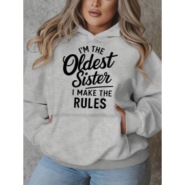 Women'S Plus Size Casual Hoodie with Pockets, Oversized Alphabet Print Long-Sleeve Pullover, 100% Polyester Knit Fabric, Slight Stretch, Fall/Winter Fashion Top
