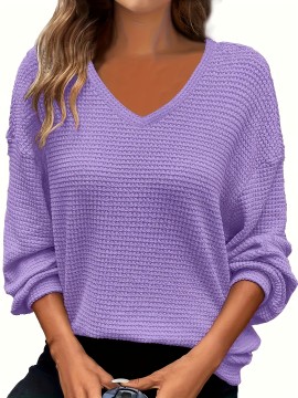 Plus Size - Plus Size V-Neck Pullover Sweatshirt - Soft Stretchy Casual Elegant Long Sleeve Top, Solid Color Spring/Fall Layering Essential for Women & Men, Comfortable Casual Attire, Relaxed Fit, Medium Elasticity