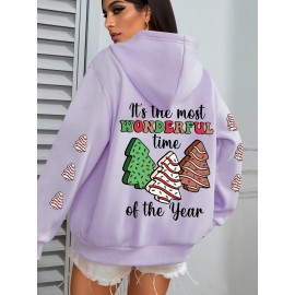 Winter Warmth | Women's Plus Size Christmas Tree Print Hoodie - Cozy Long Sleeve Pullover with Pockets, Festive 