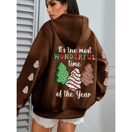 Winter Warmth | Women's Plus Size Christmas Tree Print Hoodie - Cozy Long Sleeve Pullover with Pockets, Festive 