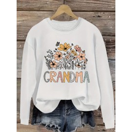[Polyester Floral Grandma Sweatshirt] Polyester 100% Floral Grandma Graphic Pullover Sweatshirt - Plus Size, Crew Neck, Slight Stretch, Casual Sportswear for Fall/Winter - 260g/m²