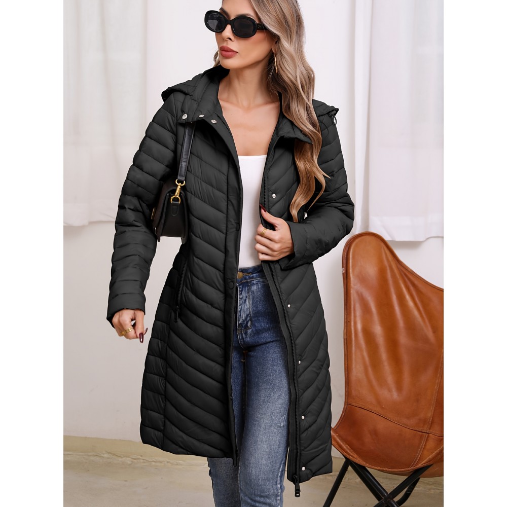 Women'S Lightweight Long Winter Coat - Warm Padded Zipper Front, Elegant Solid Color, Regular Fit Long Sleeve Coat for Daily Casual Comfort & Formal Occasions, Winter Coats, Seasonal Fashion, Sophisticated Style, Cozy Fabric